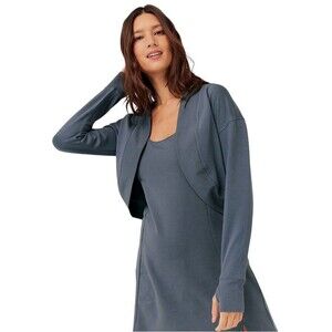 Pact The Studio Shrug Open Front Cardigan Organic Cotton Thumbholes Blue XS/S